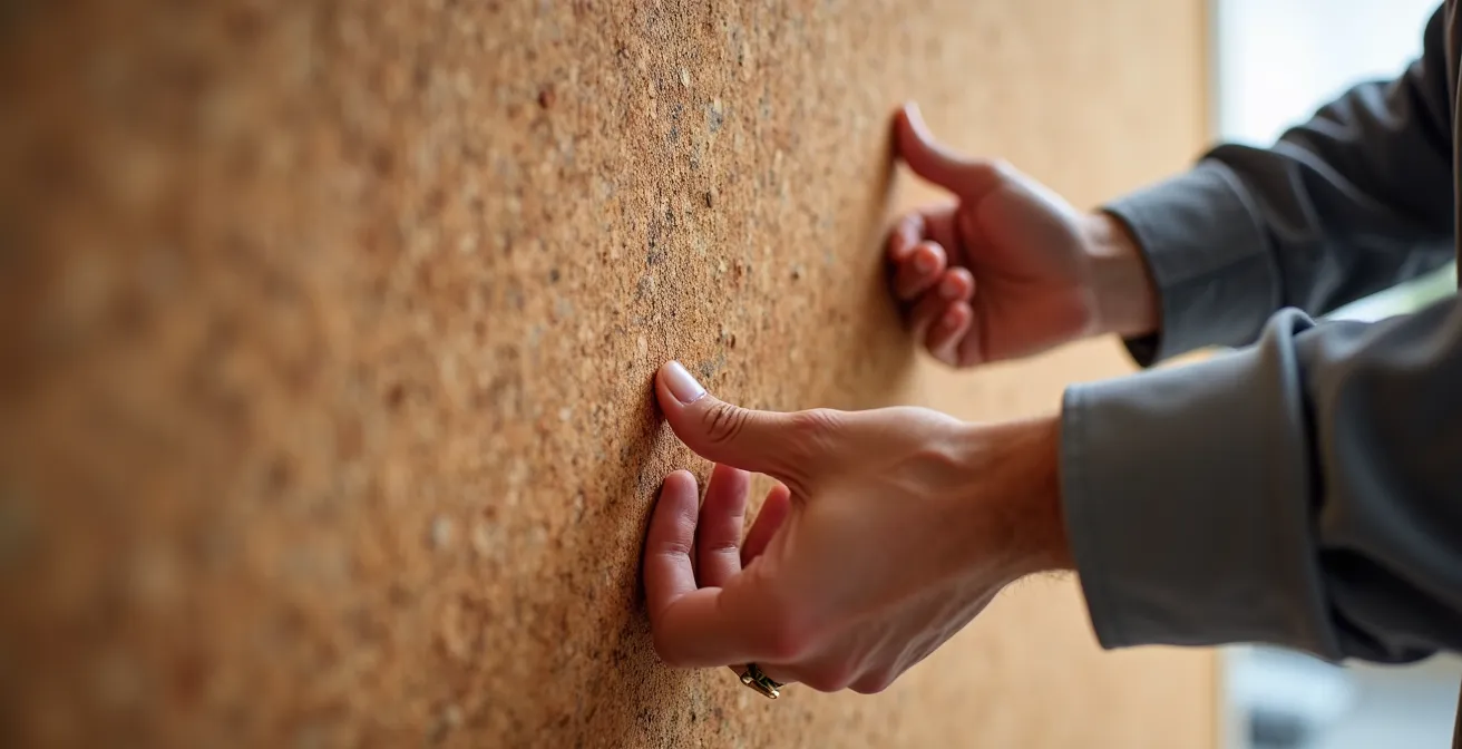 Manos instalando paneles de corcho natural en una pared interior mostrando la textura del material