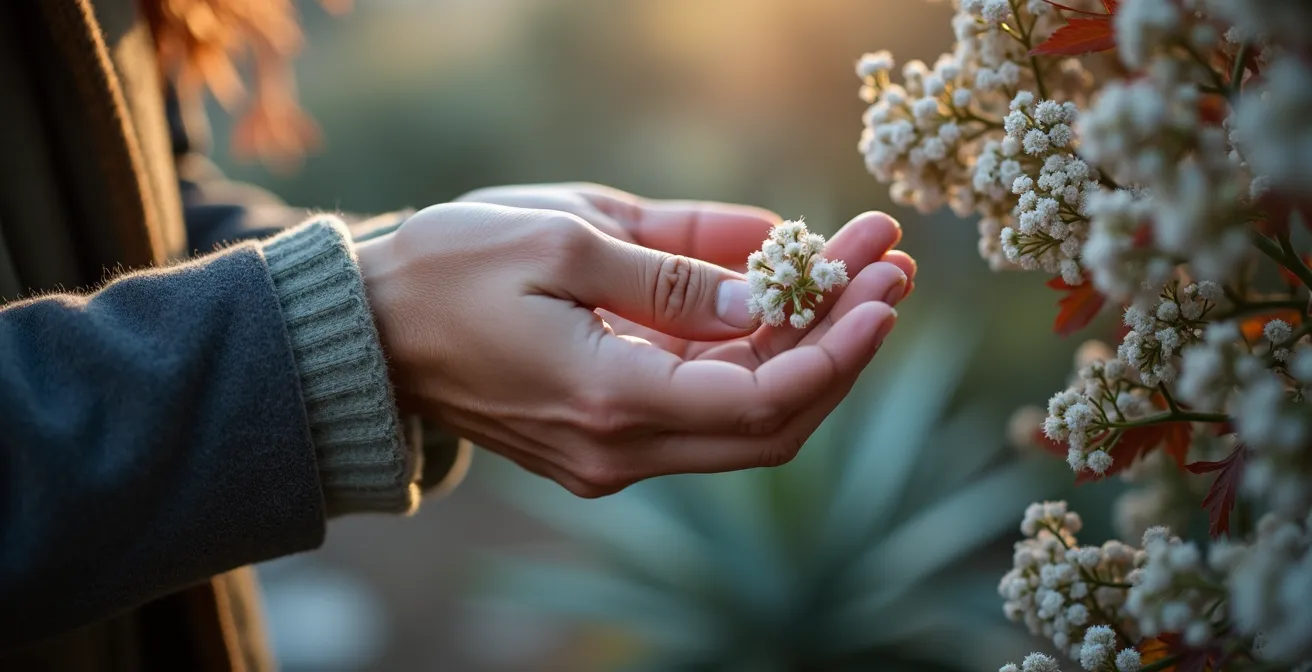 Jardín mediterráneo con flores de invierno y texturas de follaje