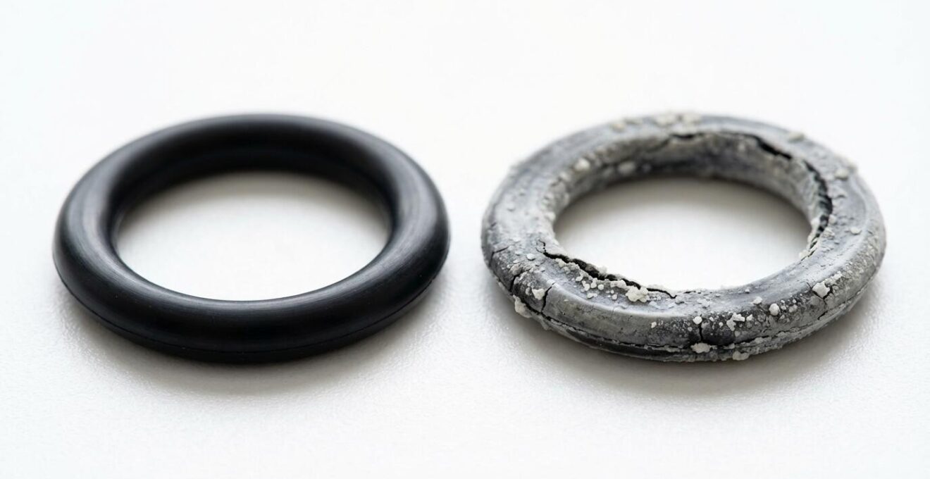 Comparación visual entre una junta de goma de cisterna nueva y otra deteriorada por la cal.