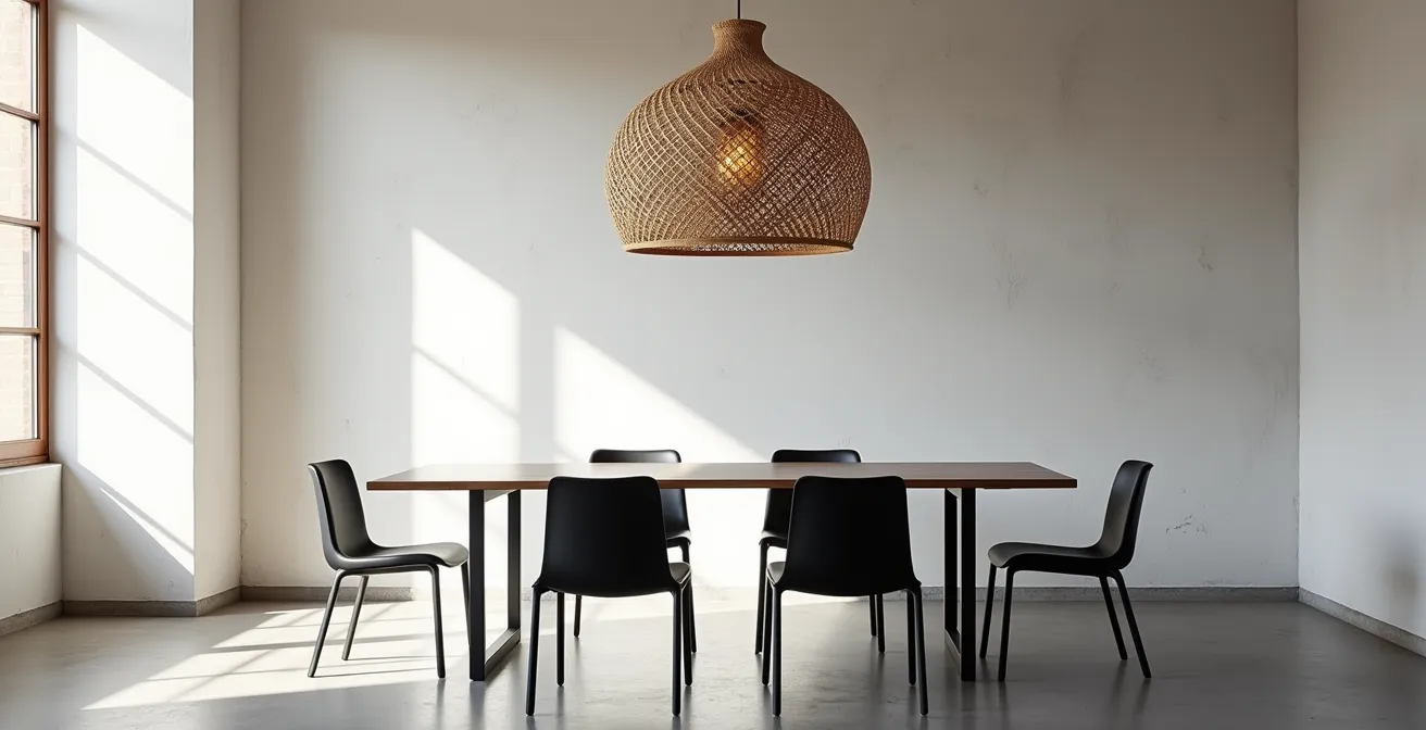 Lámpara de esparto suspendida sobre mesa de comedor minimalista con sillas de metal negro en interior urbano