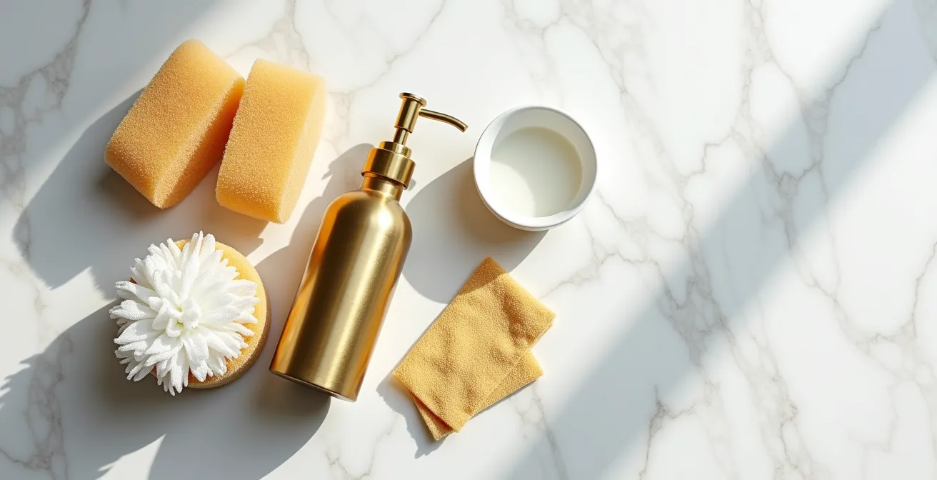 Mesa con productos de limpieza naturales para el cuidado de materiales nobles