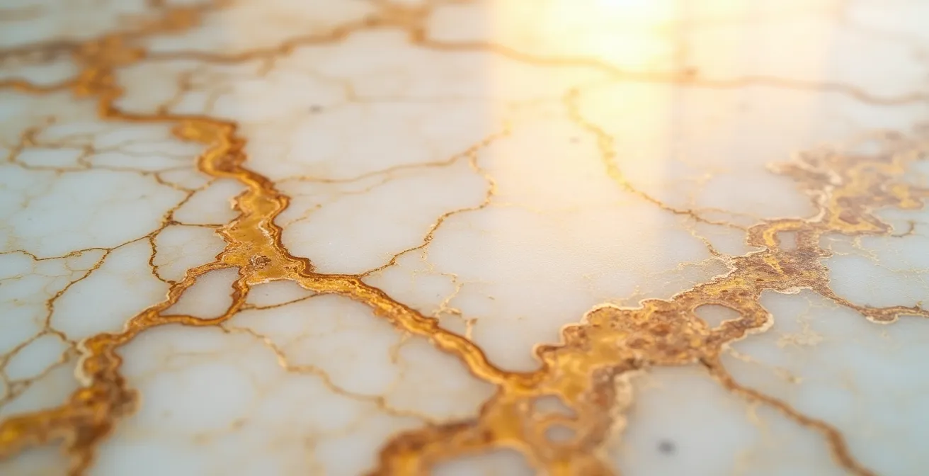 Detalle macro de mármol Crema Marfil mostrando vetas naturales y translucidez