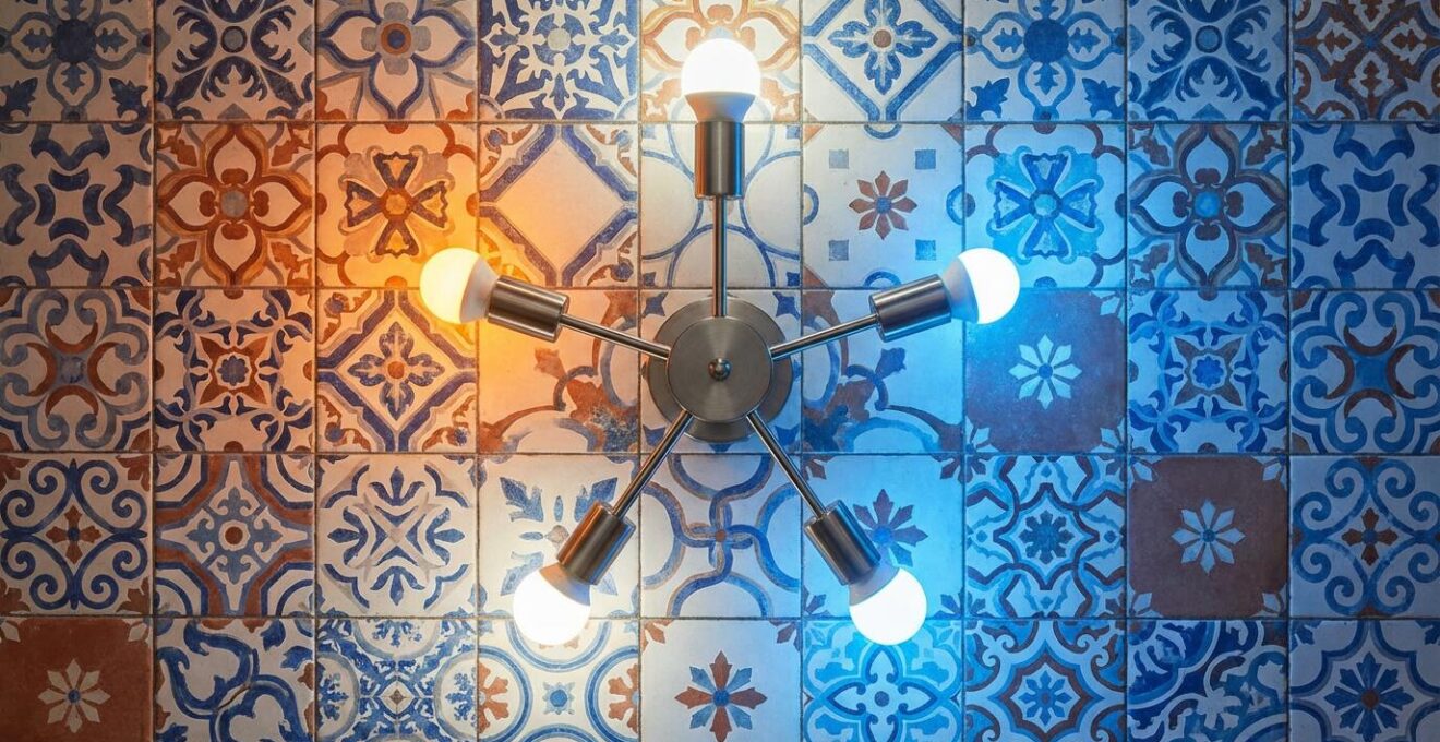 Lámpara de techo con bombillas de diferentes temperaturas de color creando un efecto visual discordante