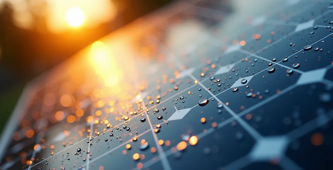 Vista aérea de un tejado de tejas españolas con paneles solares orientados hacia el este y el oeste, capturando la luz del amanecer.
