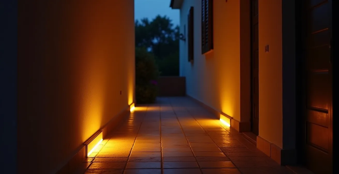 Pasillo con iluminación de paso mediante balizas LED con sensor de movimiento que crean un camino de luz cálido y seguro.