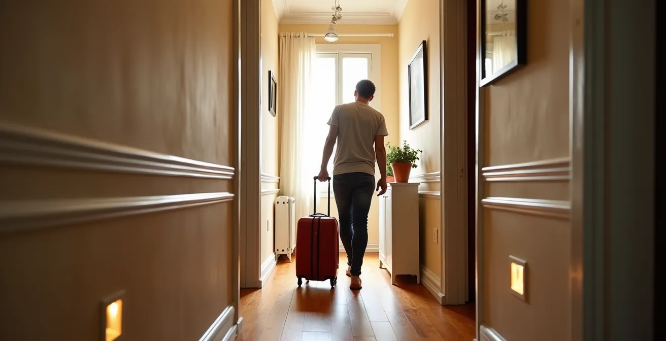 Pasillo estrecho de piso madrileño con espejos y luz lateral que amplía visualmente el espacio