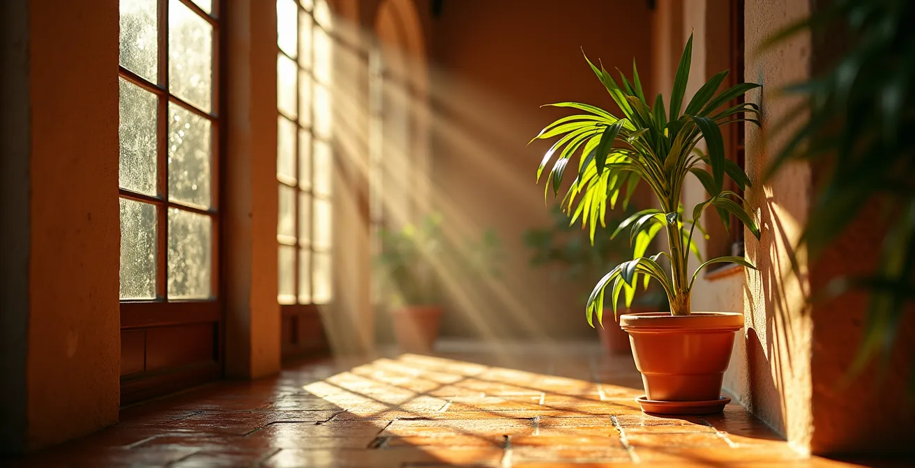Patio interior madrileño con espejos estratégicos y pintura reflectante maximizando la luz natural