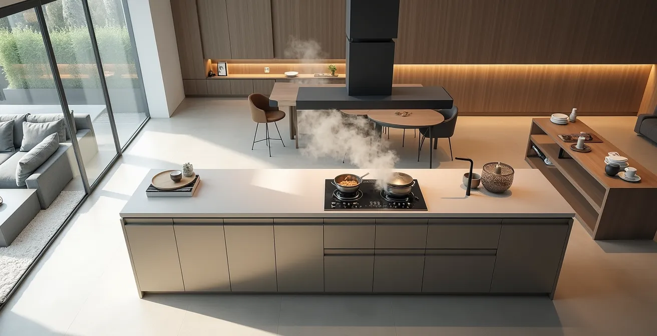 Vista cenital de península con peto de vidrio de 30 cm actuando como barrera contra olores