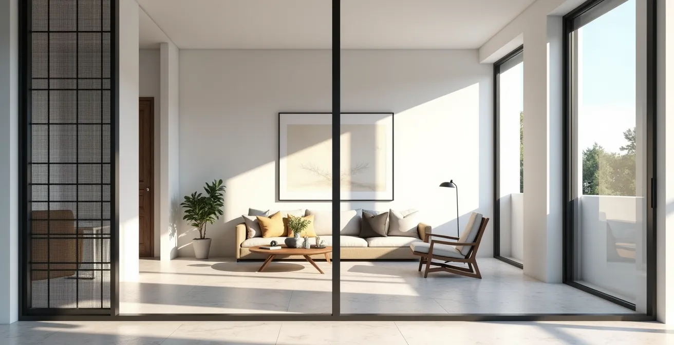 Comparación visual entre cerramiento con perfilería negra industrial y vidrio sin marco minimalista