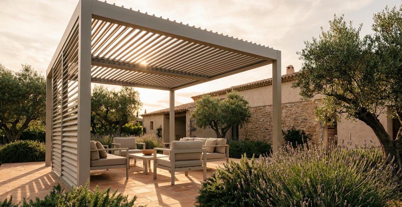 Pérgola bioclimática moderna instalada en un jardín español con lamas orientables de aluminio y ambiente mediterráneo