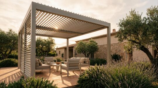 Pérgola bioclimática moderna instalada en un jardín español con lamas orientables de aluminio y ambiente mediterráneo
