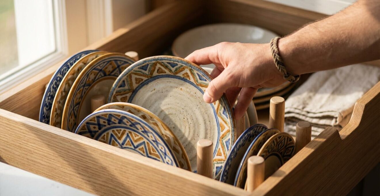 Pivotes de madera organizando platos verticalmente en cajón de cocina