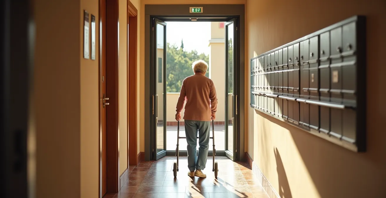 Interior de un portal de edificio español con ascensor moderno instalado a nivel de calle para accesibilidad completa
