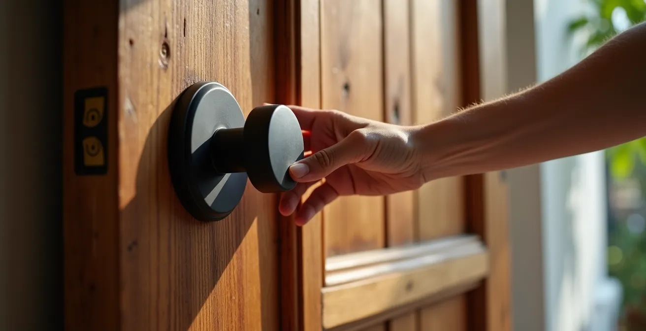 Puerta de madera maciza antigua con herrajes contemporáneos en negro mate