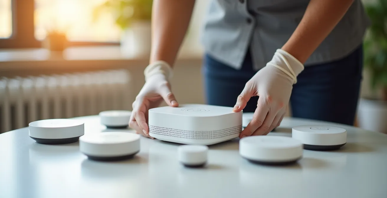 Manos de un técnico configurando un hub de domótica central, con varios dispositivos inteligentes alrededor, simbolizando una red organizada.