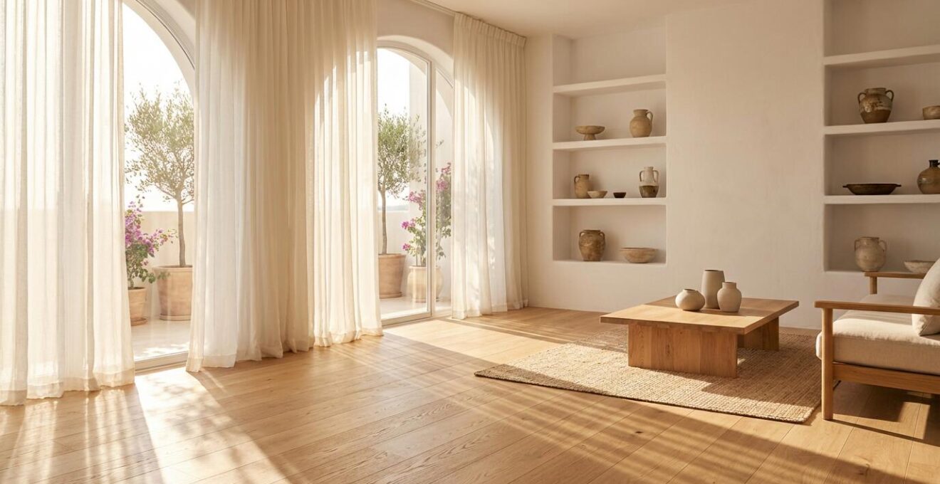 Salón con suelo de madera noble protegido de la luz solar mediante cortinas translúcidas