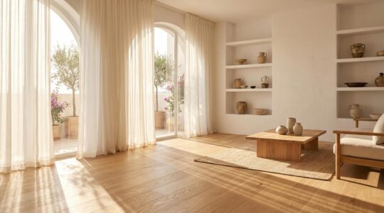 Salón con suelo de madera noble protegido de la luz solar mediante cortinas translúcidas