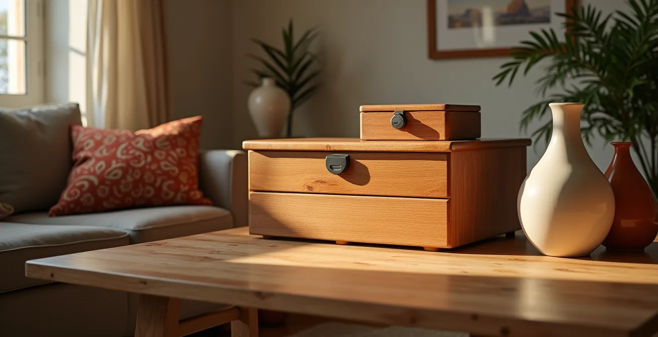 Secreter de madera cerrado integrado en salón con decoración mediterránea