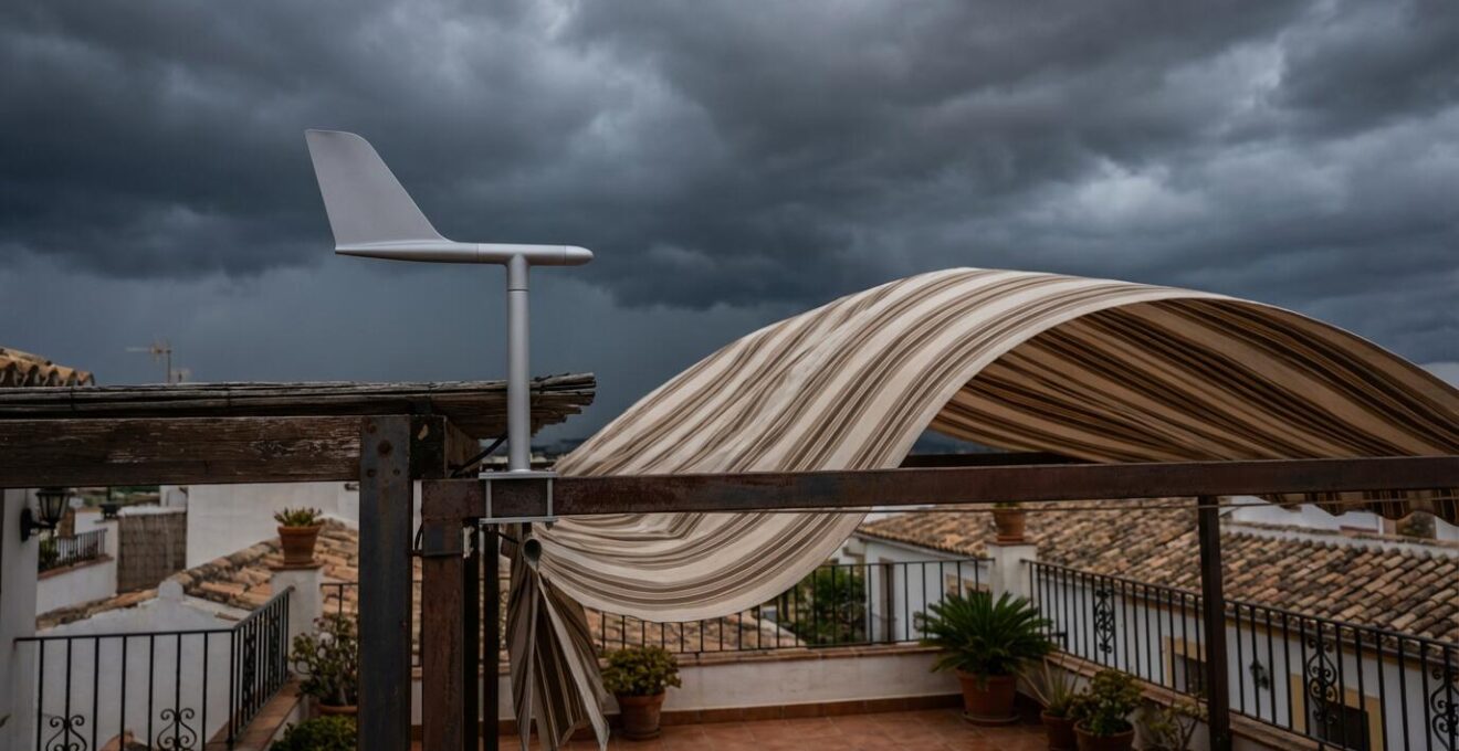 Sistema de sensor de viento instalado en toldo de terraza con vista de los componentes técnicos