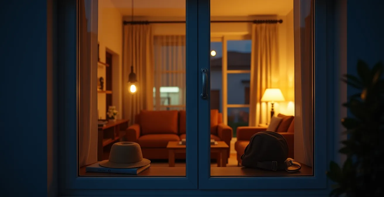 Interior de vivienda española al anochecer con luces programadas simulando presencia durante vacaciones