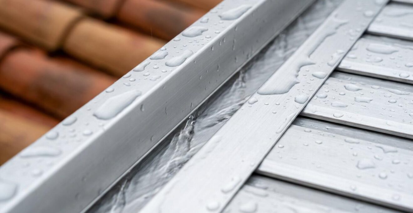 Detalle del sistema de canalización oculta de agua en pérgola bioclimática con drenaje integrado