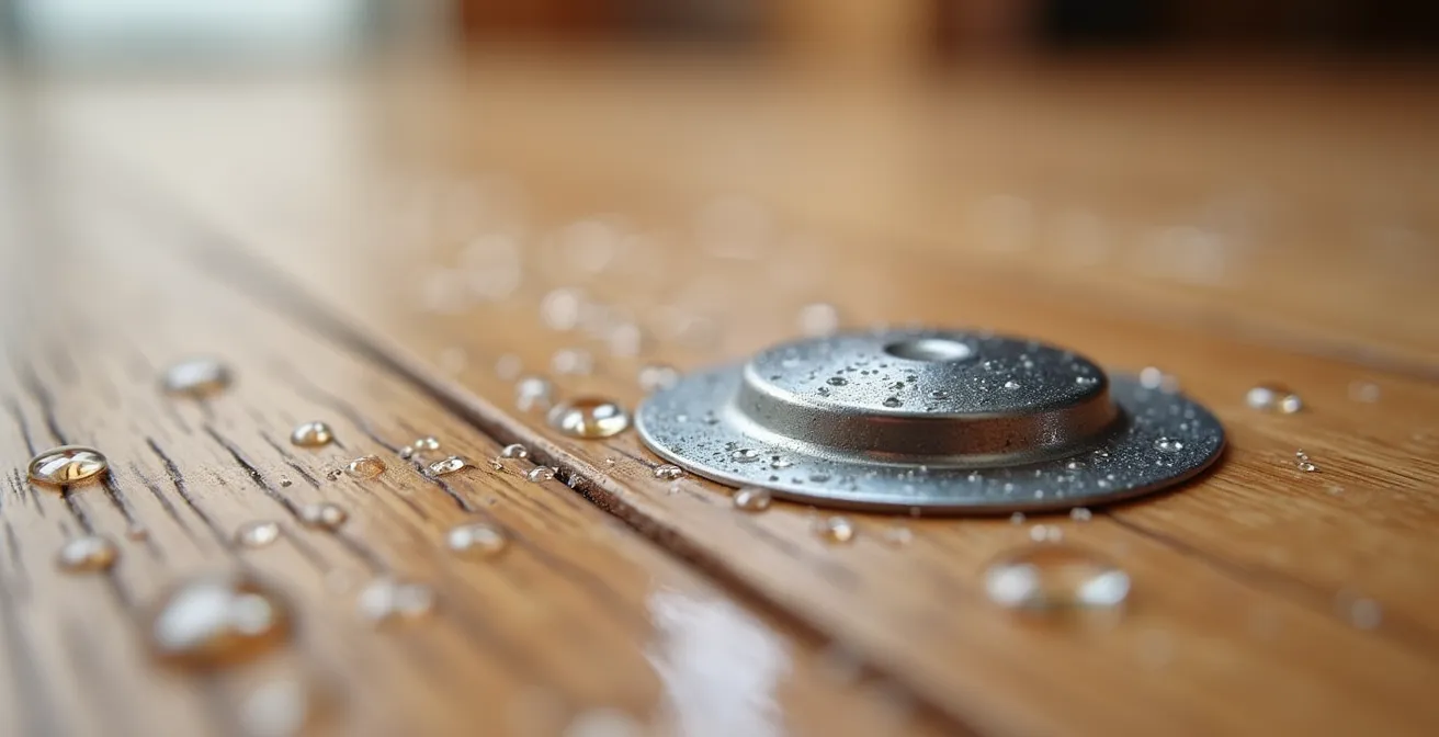 Detalle de sensor de humedad instalado en suelo radiante con acabado de madera