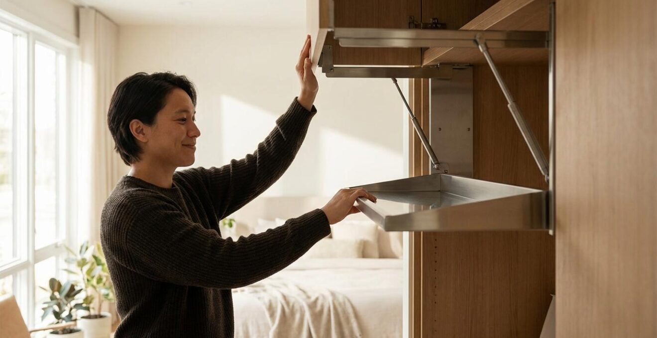 Mecanismo hidráulico abatible para acceso a altillo de armario sin escalera