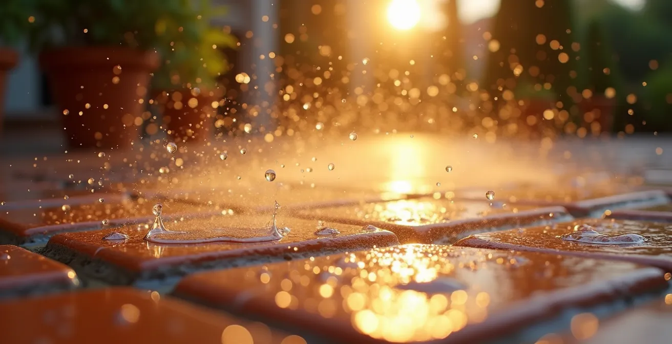 Sistema de riego por nebulización en patio sevillano al atardecer