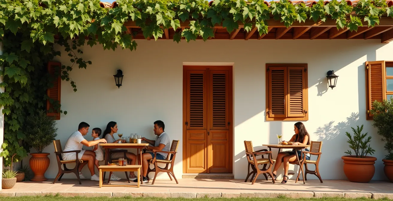 Fachada sur de casa pasiva con pérgola vegetal y lamas orientables para control solar