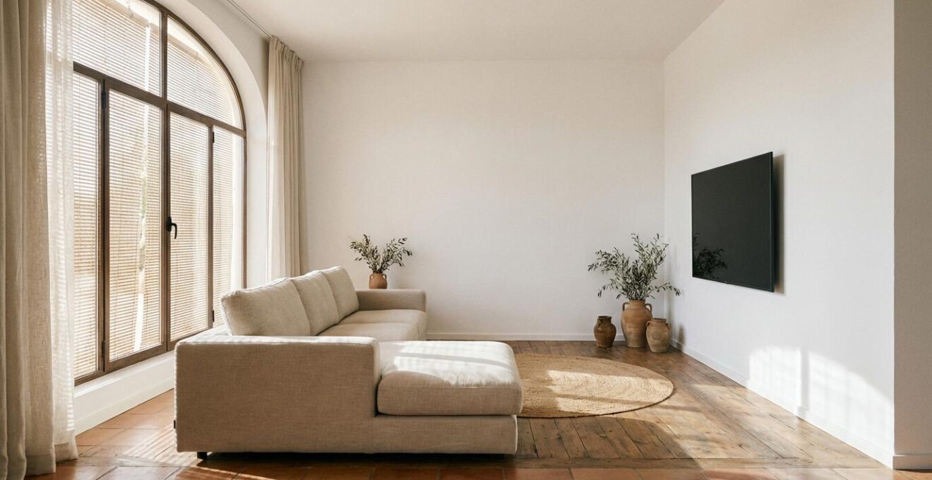 Salón moderno con sofá rinconera en esquina, ventana luminosa con persiana y televisor montado en pared