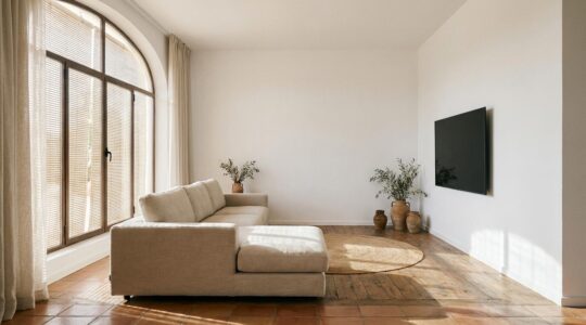 Salón moderno con sofá rinconera en esquina, ventana luminosa con persiana y televisor montado en pared