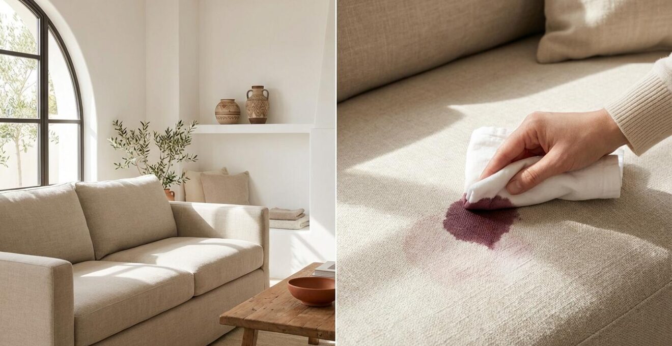 Demostración de la tecnología Aquaclean eliminando manchas de rotulador y vino sobre tela de sofá