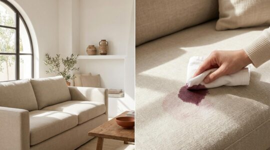 Demostración de la tecnología Aquaclean eliminando manchas de rotulador y vino sobre tela de sofá