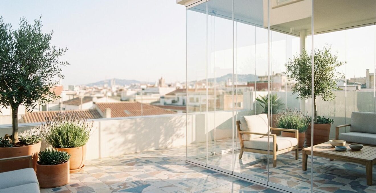 Vista panorámica desde interior de una terraza con cortinas de cristal mostrando transparencia total hacia el exterior