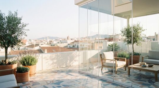 Vista panorámica desde interior de una terraza con cortinas de cristal mostrando transparencia total hacia el exterior