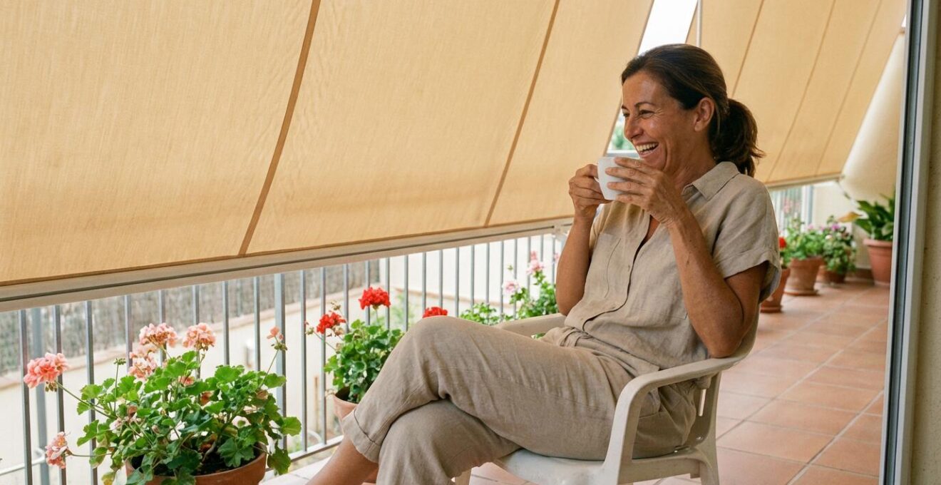 Mujer tomando café bajo toldo con guías en terraza mediterránea con macetas