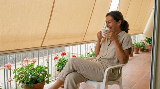 Mujer tomando café bajo toldo con guías en terraza mediterránea con macetas