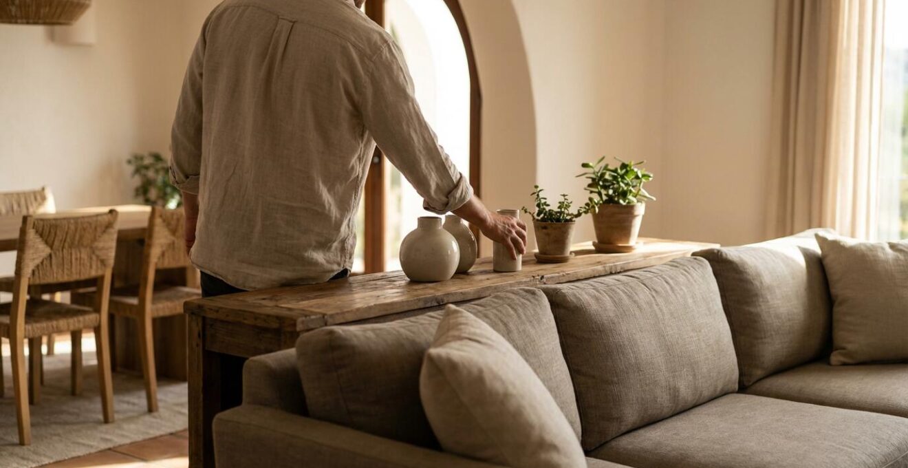 Vista trasera de sofá rinconera decorada con consola estrecha, plantas verdes y elementos decorativos