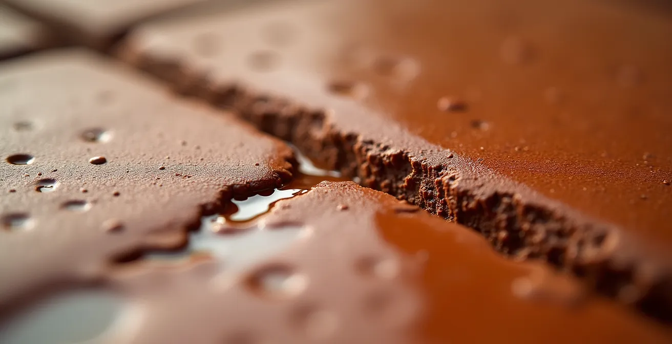 Detalle macro de superficie de terracota tratada con aceite protector