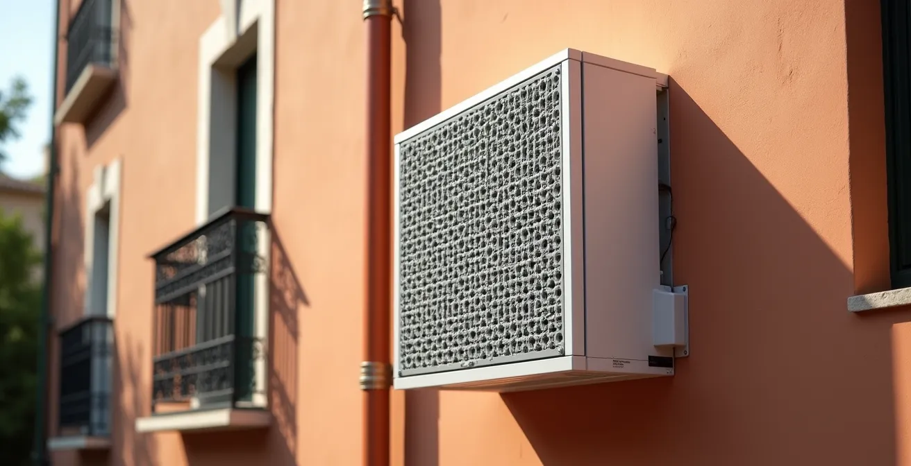 Unidad exterior de aerotermia instalada en fachada cumpliendo normativa de ruidos