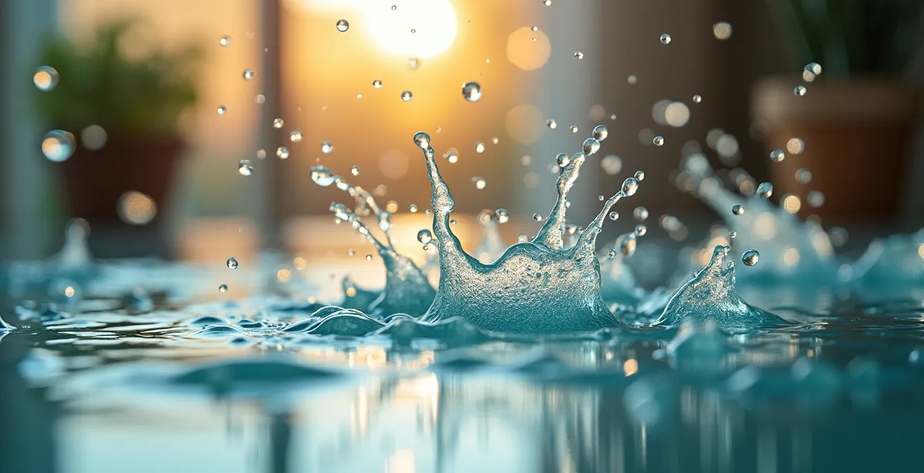 Detalle macro de superficie de vidrio con tratamiento hidrofóbico mostrando gotas de agua deslizándose