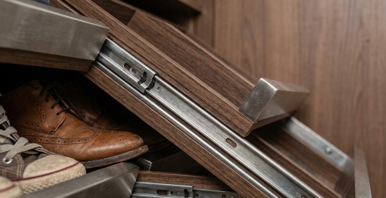 Detalle de zapatero extraíble vertical junto a columna estructural en armario