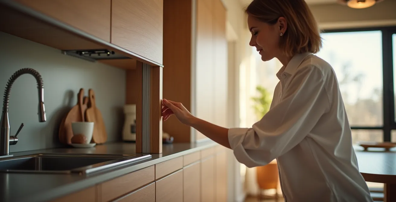 Cocina con zona de preparación oculta tras paneles correderos mimetizados con el mobiliario