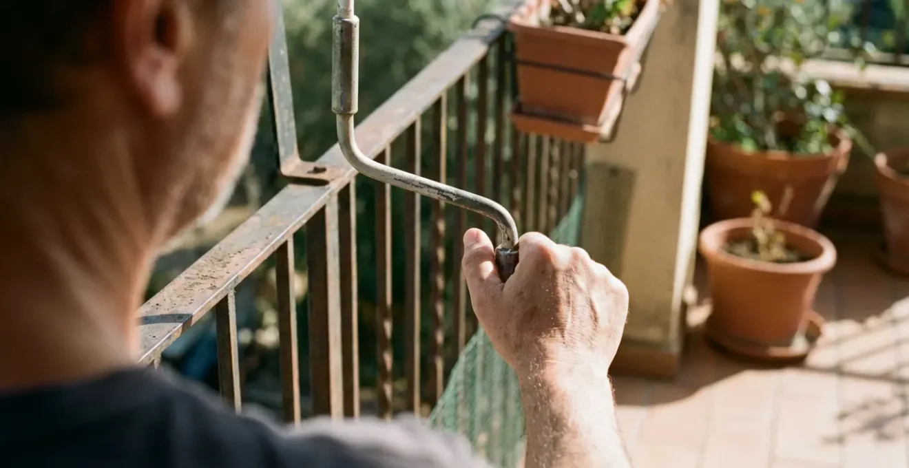 Persona accionando manivela de toldo monobloc en terraza residencial