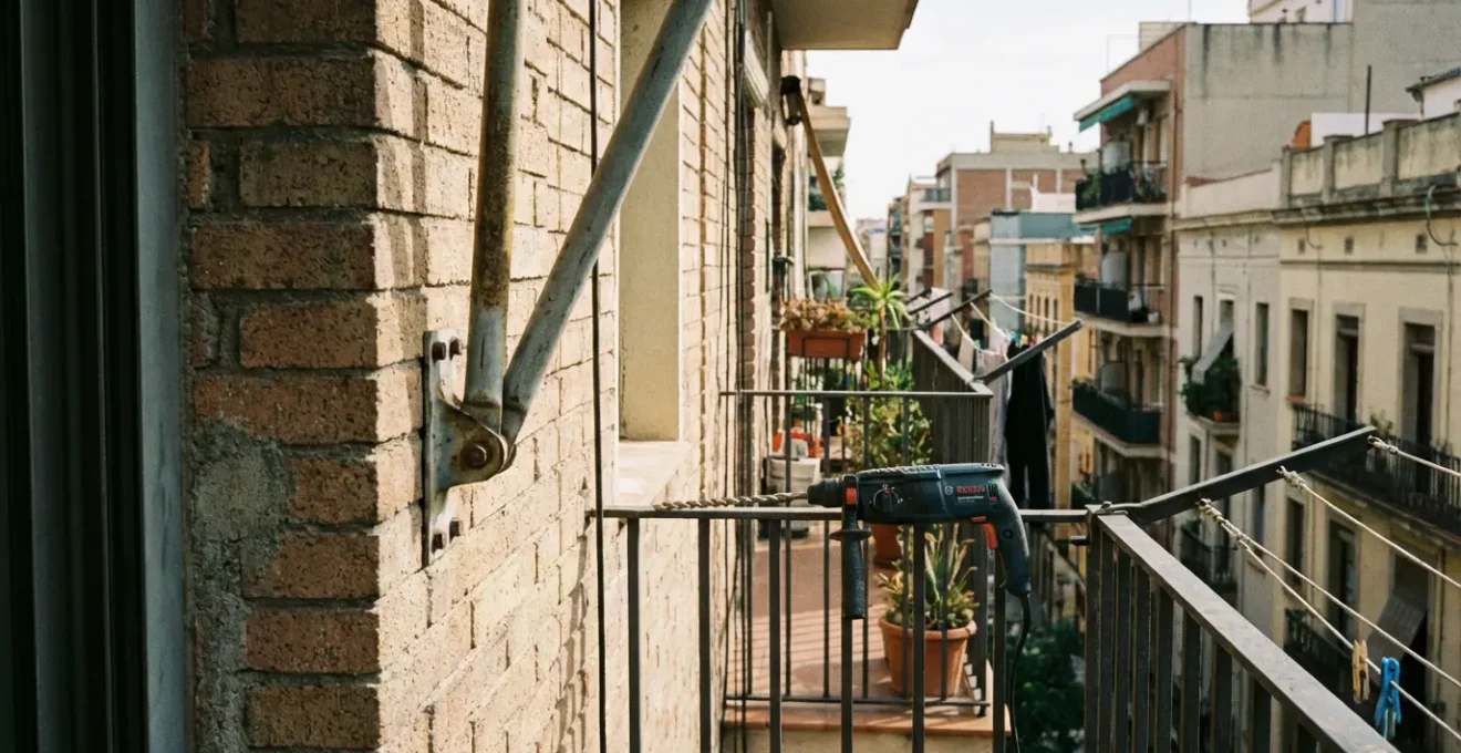 Detalle de sistema de anclaje de toldo monobloc en pared de fachada residencial