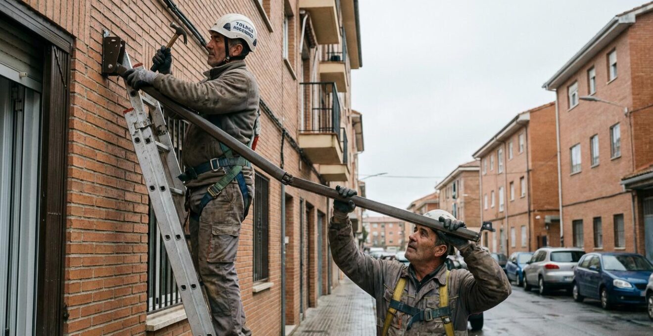 Dos instaladores profesionales montando estructura de toldo motorizado en fachada residencial