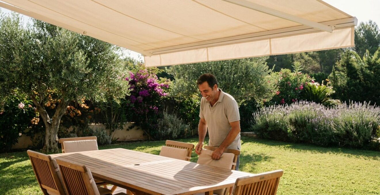 Jardín español con toldo a dos aguas proyectando sombra sobre zona de comedor exterior