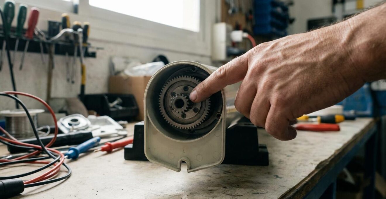 Detalle de motor tubular de toldo motorizado en taller de instalación profesional