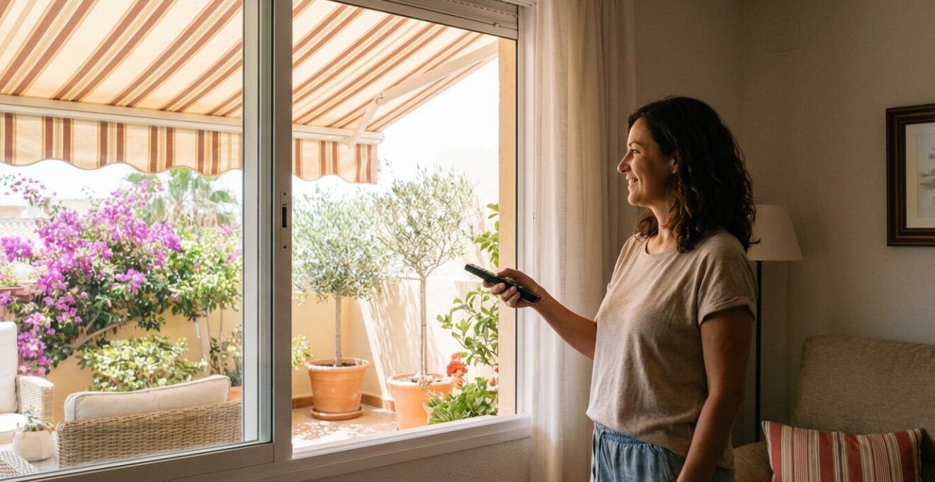 Propietaria accionando mando a distancia de toldo motorizado desde el interior del salón