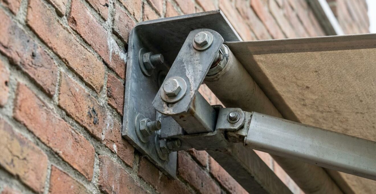 Detalle técnico de anclaje de toldo logia en fachada de ladrillo